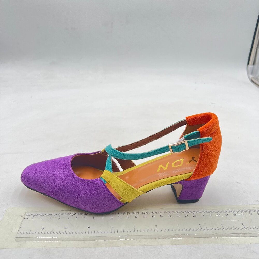 YDN Purple Orange Cross Strap Sqaure Toe Pumps Chunky Heel D'orsays Dressy Shoes
